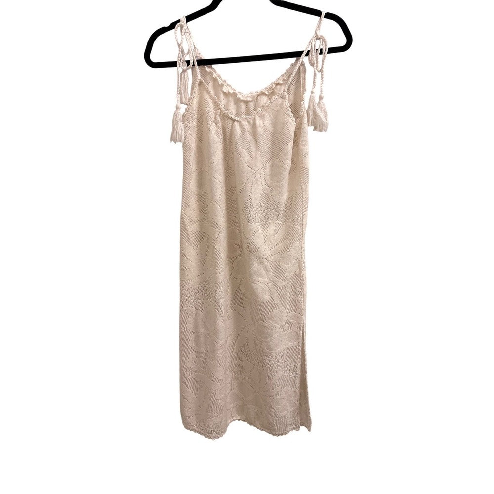 Cover Up Dress Pointelle Boho Aerie Womens Medium Cream Tassel Tie Straps Floral